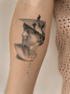 1 month healed tattoo - Classical Portrait with Figures - Inner forearm - Vytautas Tattoo