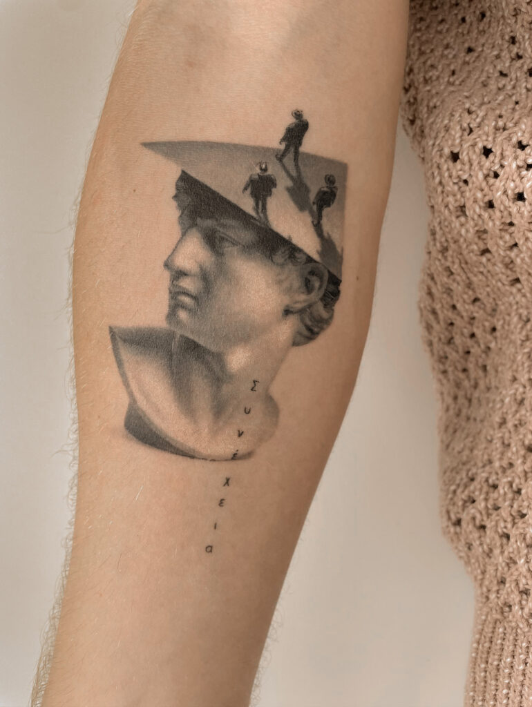 1 month healed tattoo - Classical Portrait with Figures - Inner forearm - Vytautas Tattoo